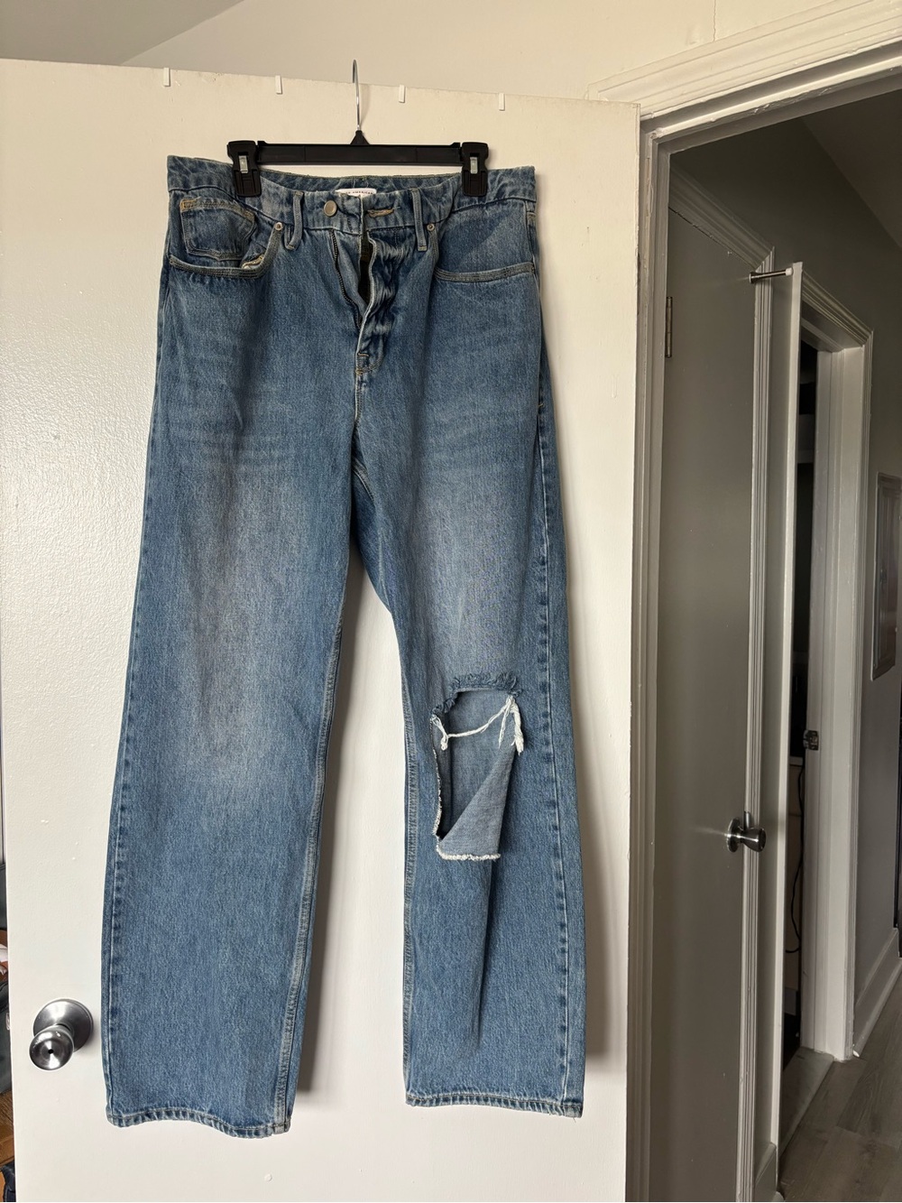 Good American Distressed Medium Blue Straight Jeans